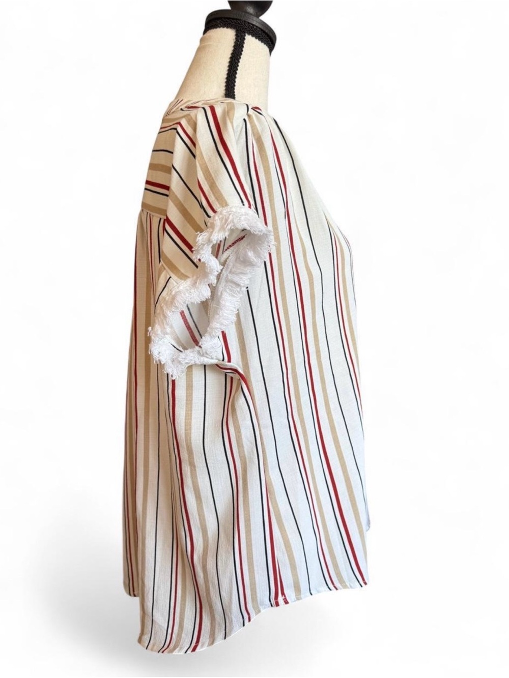 Como Black Vertical Striped Fringe Sleeve Henley V-Neck Blouse Boho Size L - Picture 3 of 9